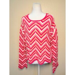 Y2K FCT WITH LOVE Pink Chevron Zigzag Knit Sweater Scalloped Hem Large #11